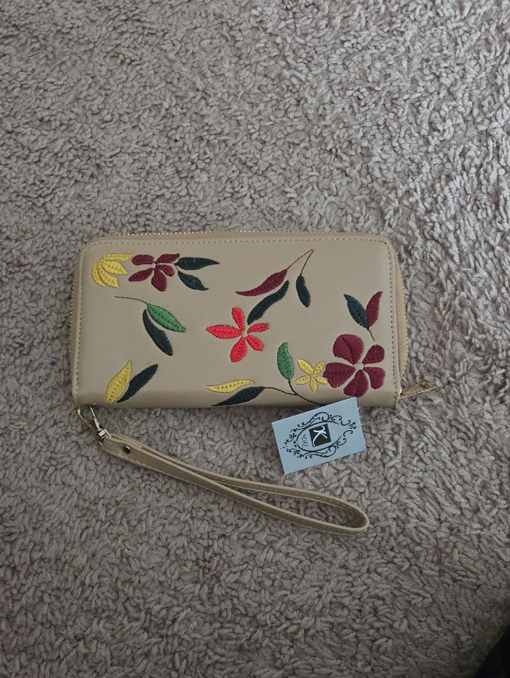 Beige Floral Embroidered Wristlet Wallet